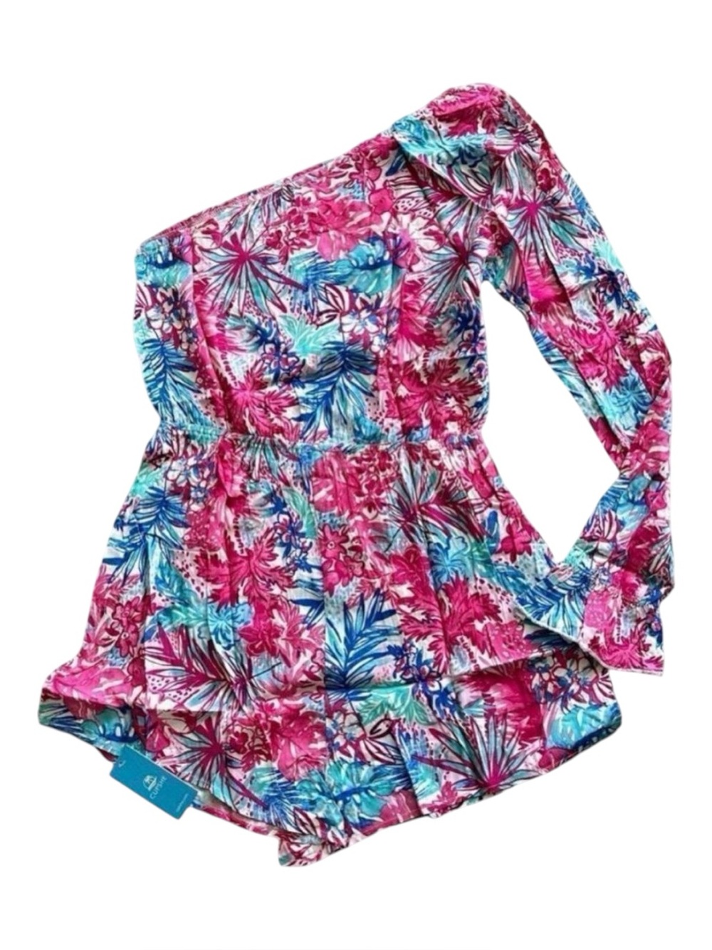 Cupshe Tropical One Shoulder Romper Size M Pink Blue Floral Long Sleeve NWT